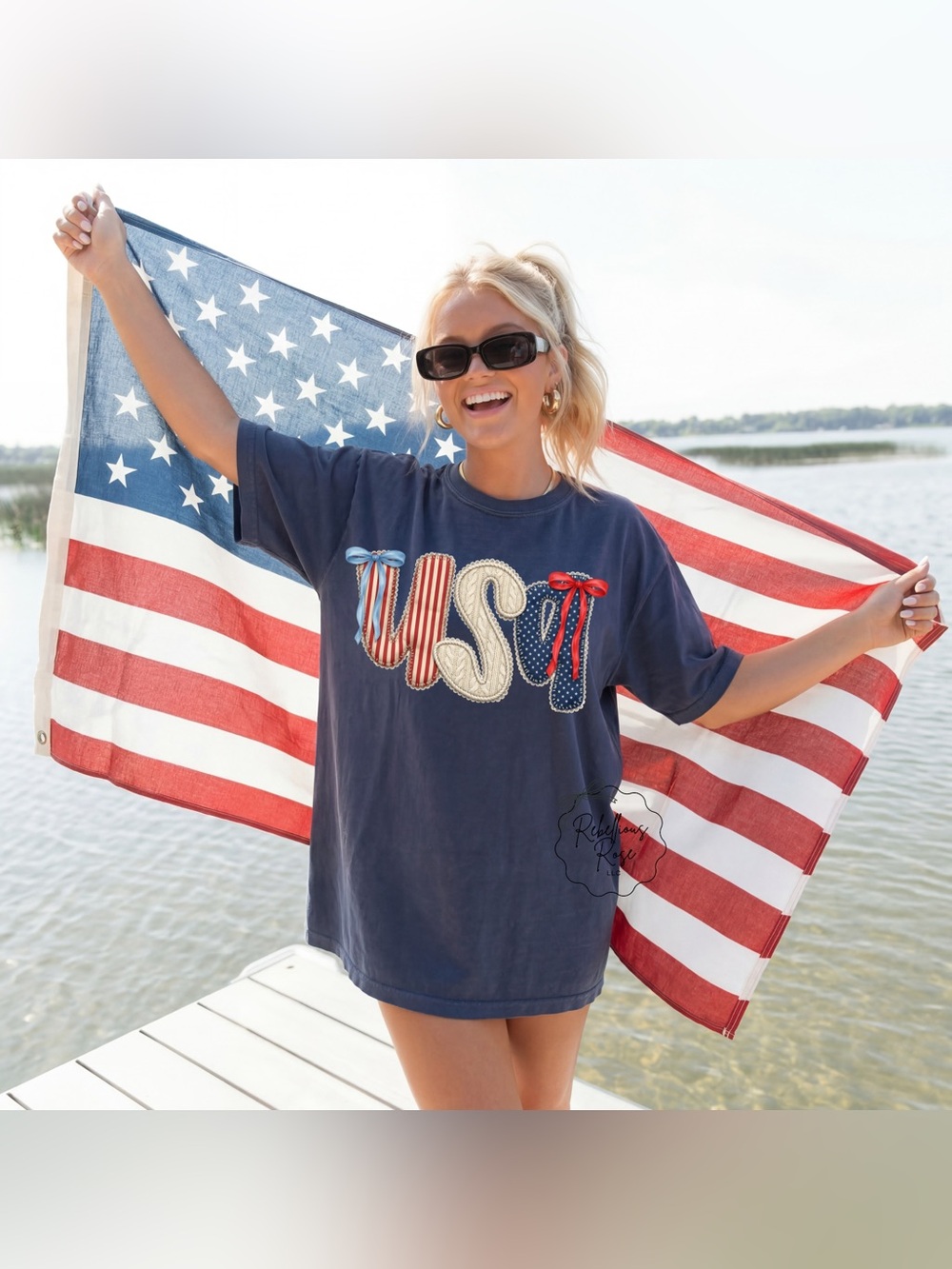 Rebellious Rose Faux Embroidery USA Coquettes Fourth of July Graphic T-shirt